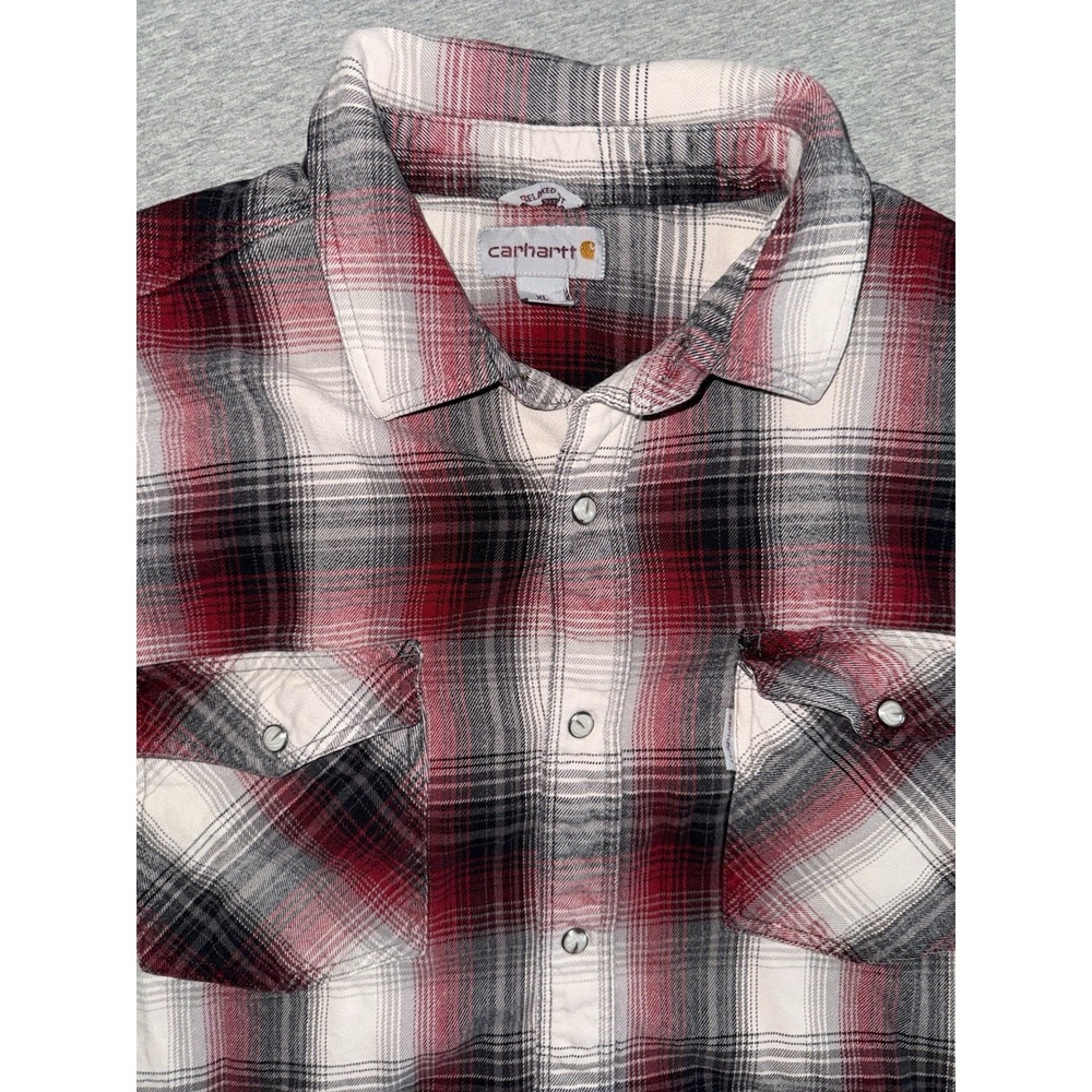 Carhartt Mens Plaid Flannel Pearl Snap Shirt Size XL Front Flat Pockets Workwear